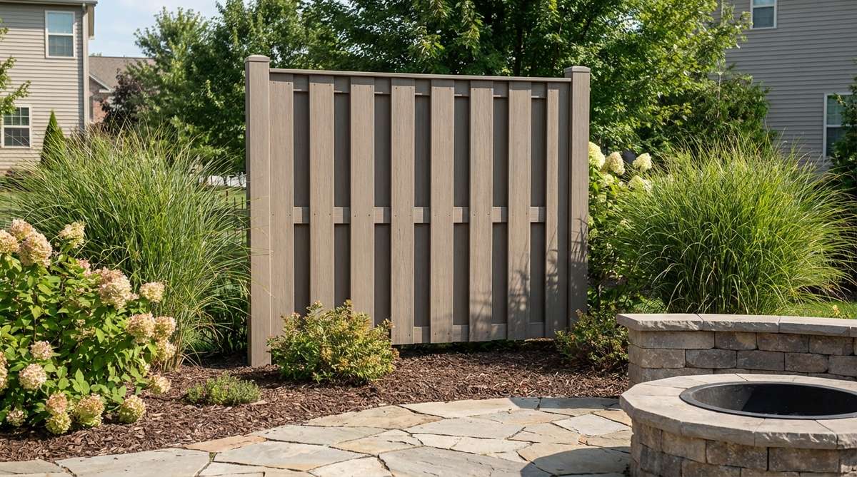 A modern composite shadowbox fence panel showing dimensional depth with alternating board placement on both sides of the frame, creating attractive patterns visible from either view while resisting sagging and requiring minimal maintenance.