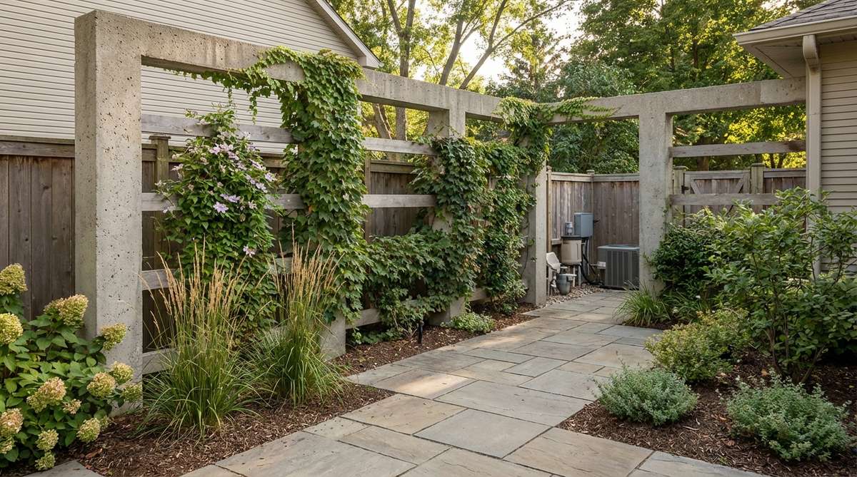 A vertical concrete frame with horizontal crossbars supporting climbing plants, showcasing architectural presence in modern garden design. The structure provides year-round visual interest and can be positioned to screen undesirable views.