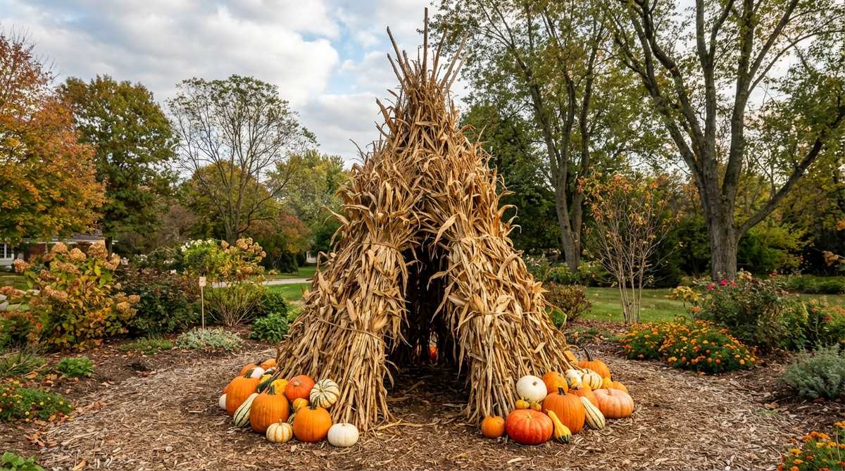 A tall tepee structure made from bundled dried corn stalks, standing 6-8 feet high, with a circular base surrounded by pumpkins and gourds in autumn colors. This outdoor fall decor piece is designed for yard corners or garden focal points, adding dramatic height and visual interest to autumn landscapes.