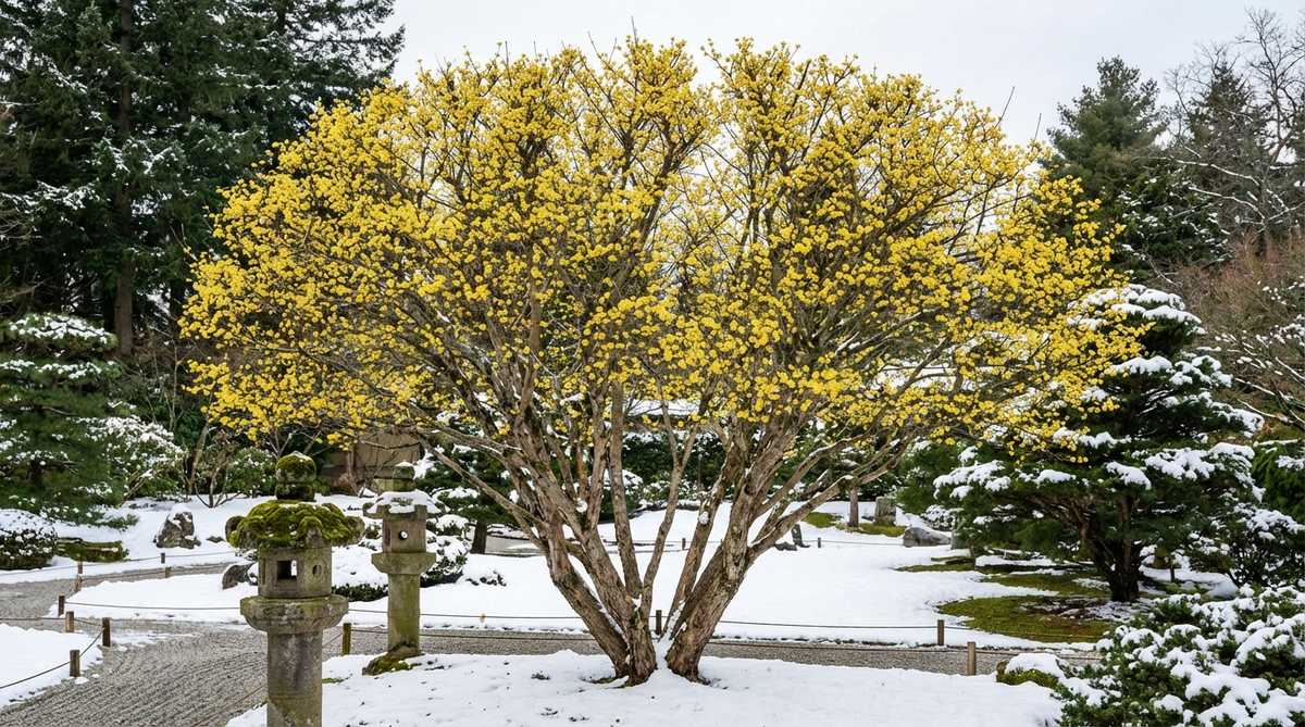 A multi-stemmed Cornelian Cherry Dogwood (Cornus mas) in a Japanese garden, showcasing clusters of small yellow flowers blooming in late winter against a snowy backdrop. The tree features a rounded form reaching 20-25 feet, with edible cherry-like red fruits in summer, yellow to reddish-purple fall color, and exfoliating bark for winter interest. It adapts well to various soils and urban conditions in zones 4-8, providing critical nectar for pollinators.