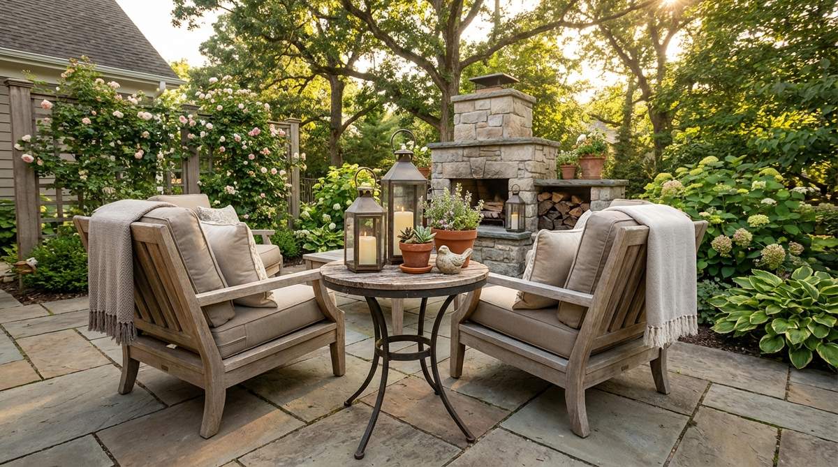 A small fountain installed in a garden corner near seating, creating soothing water sounds to mask traffic noise and enhance a spa-like atmosphere, with seating positioned 4-6 feet away to avoid water spray and solar-powered for convenience.