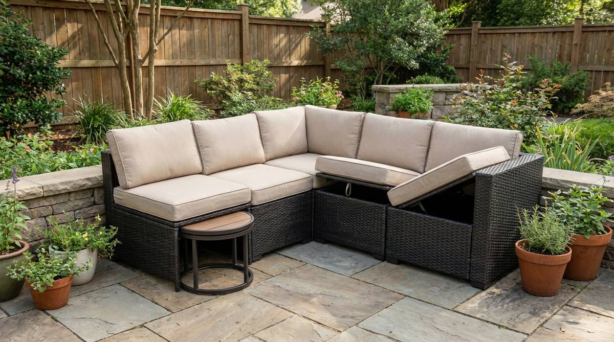 A compact L-shaped sectional sofa measuring 50x50 inches installed in a corner of an outdoor patio, featuring lift-top seats that reveal weatherproof storage compartments. The sectional seats 4-5 people and includes a small nesting table that slides underneath when not in use. The design maximizes seating capacity while keeping the center area clear and creates an intimate conversation zone.