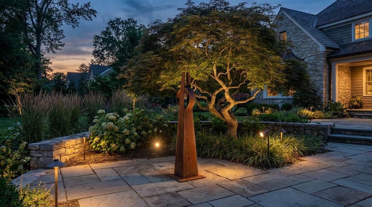 An illustration of the cross-lighting technique in garden decor, showing multiple fixtures positioned at opposing angles to illuminate a specimen plant or sculpture from different directions, with overlapping beams eliminating harsh shadows and revealing three-dimensional form.