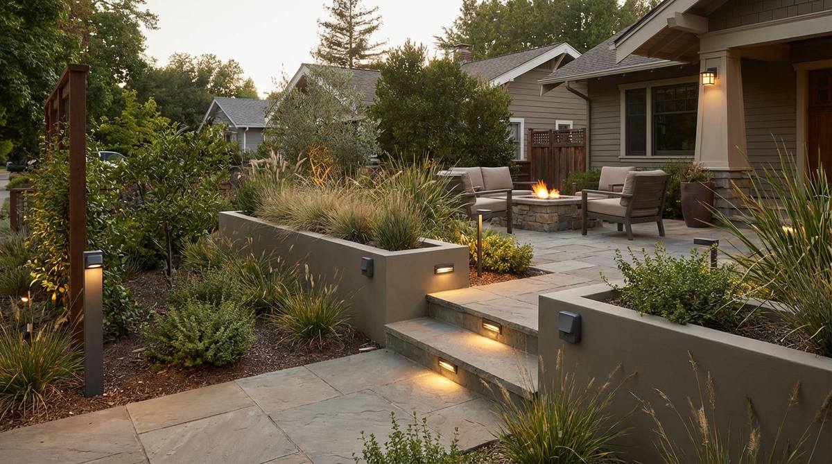 A modern garden lighting system featuring daylight-harvesting photocells that automatically adjust fixture brightness based on ambient light levels. The sensors are strategically positioned facing north to accurately measure natural illumination without direct sunlight interference, optimizing energy efficiency while maintaining consistent architectural visibility throughout day and night cycles.