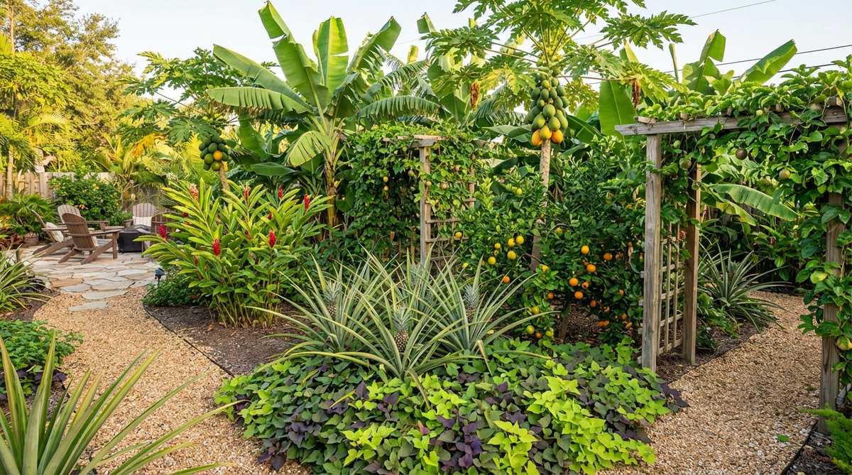 A lush tropical garden showcasing edible layering with papaya and banana trees forming the canopy, pineapple and ginger plants at mid-level, and sweet potato vines covering the ground. Citrus trees and passion fruit vines are integrated into the design, demonstrating how productive edible gardens can maintain beautiful resort-like aesthetics.
