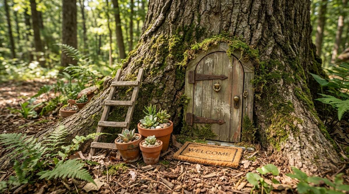 A miniature fairy door with tiny hinges, knocker, and welcome mat mounted at the base of a tree in a woodland garden, featuring weathered finishes and accessories like ladders or flower pots to encourage imaginative play and enhance garden decor.