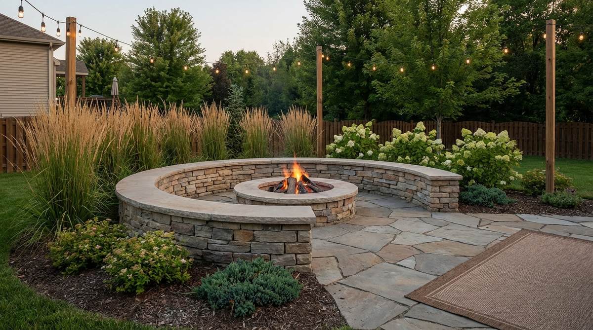 A permanent in-ground fire pit surrounded by curved seating walls in a small backyard garden design. The 18-inch tall fire-rated seating walls create an entertainment zone without portable furniture, anchoring the layout while maintaining safety with proper distance from structures and overhead branches.