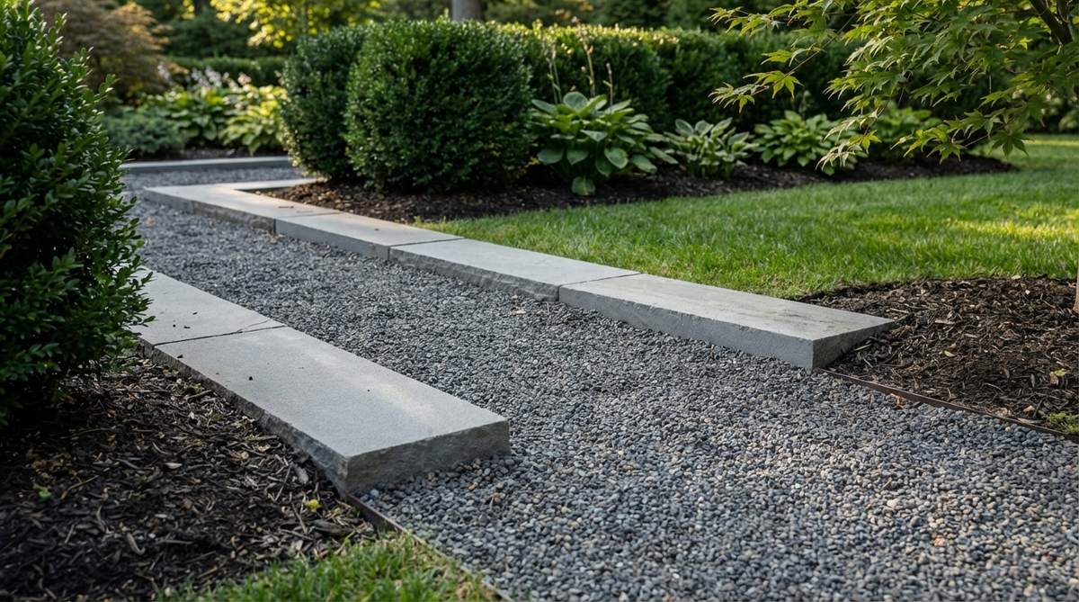 A close-up view of precisely cut rectangular stones used as formal edging along a garden pathway. The stones are partially buried, with their top edges slightly above the path surface, providing clean definition and preventing gravel migration. This technique is ideal for nobedan pavements and formal approach paths in Japanese gardens, emphasizing structural organization and ceremonial function.