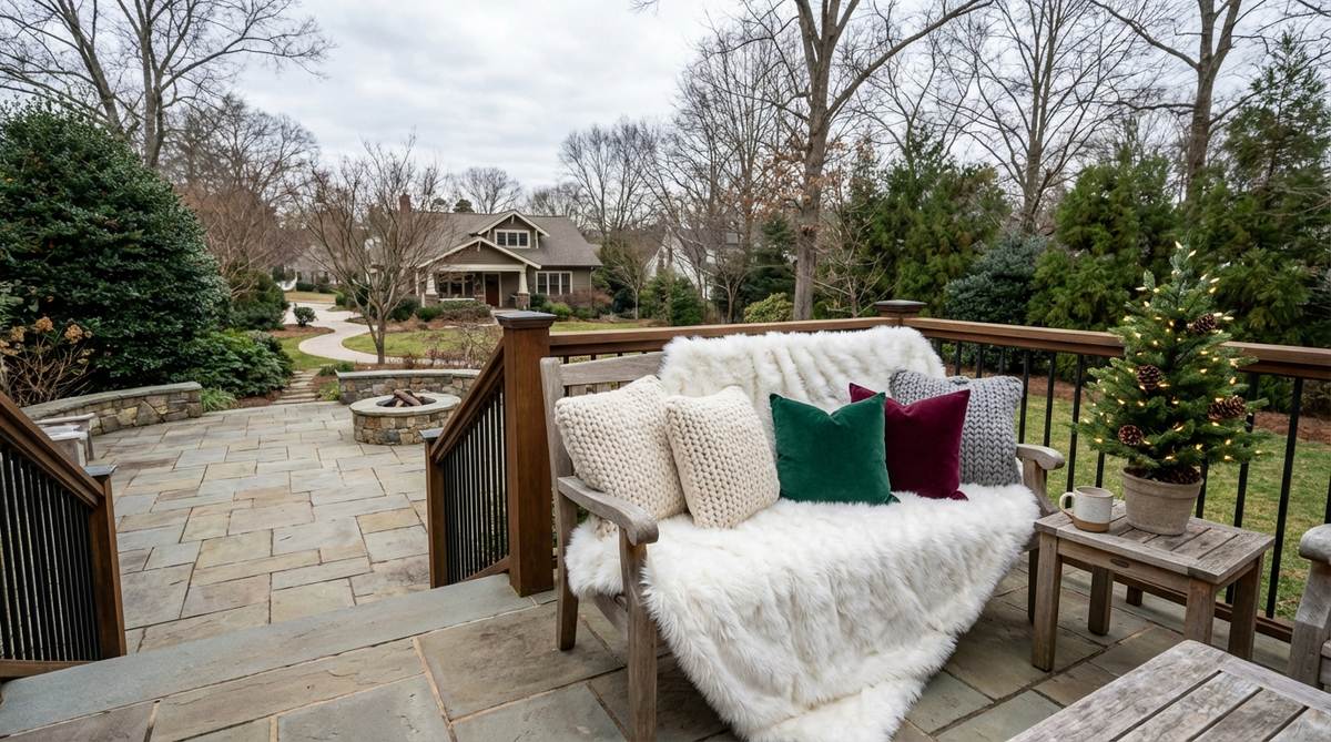 A white faux fur throw draped over balcony seating, showcasing plush texture layers for winter aesthetics. Combined with velvet and knit pillows for mixed-material interest in Nordic-inspired Christmas decor.