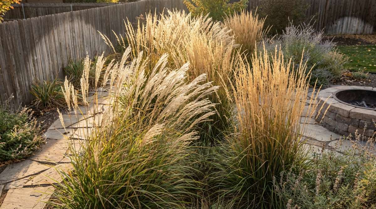 A close-up view of ornamental grasses swaying gently in a breeze, catching the soft glow of low-angle sunlight in a small garden setting. The image highlights the seasonal transition, with tawny winter foliage adding texture and interest, providing a temporal dimension to the garden design.