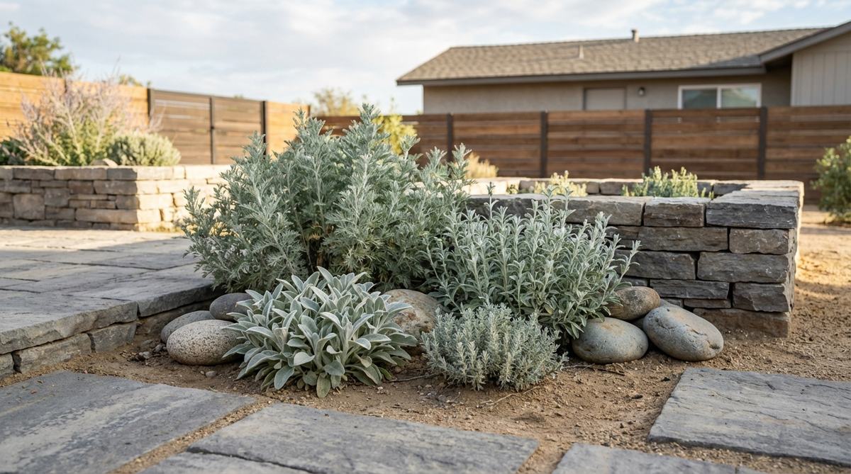 A minimalist garden featuring gray foliage plants like silver sage, lamb's ear, and artemisia, showcasing soft gray tones that complement stone hardscaping and reduce visual temperature in hot climates. The image highlights drought-tolerant plants grouped for simplified irrigation, ideal for water-efficient garden designs.