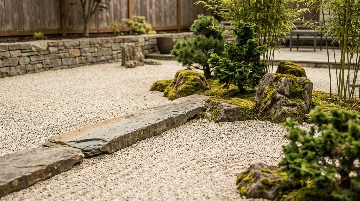 A flat, horizontally oriented stone representing a shoreline or water boundary in a Japanese Zen garden, with its long axis parallel to the ground plane. The stone is partially buried to show its longest edge, creating a calming horizontal line that contrasts with vertical garden elements and provides visual stability.