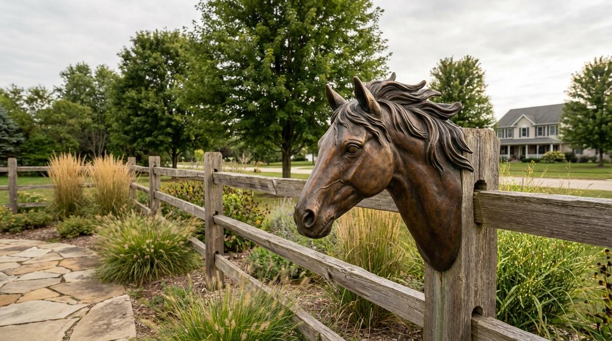 A bronze horse head sculpture mounted on a post, appearing to peer over a garden fence. This equestrian decor piece adds elegance to garden boundaries with its noble profile and flowing mane details, suitable for installation along property lines or garden room divisions in rural or suburban settings.