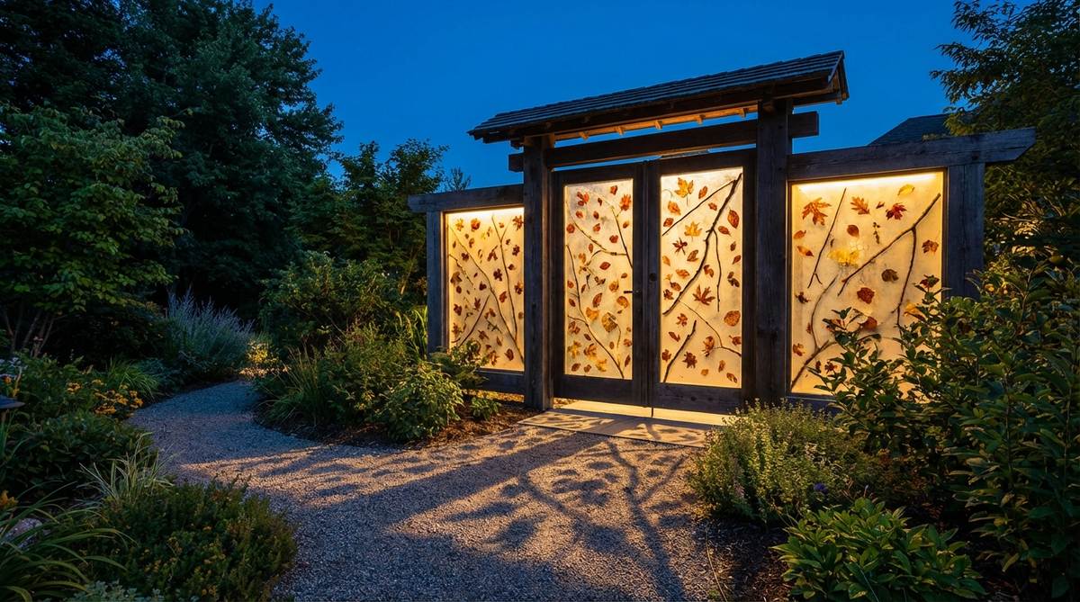 A glowing Japanese garden gate featuring translucent resin panels with embedded LED lighting, showcasing organic inclusions like leaves and branches that cast shadows when backlit, ideal for creating dramatic evening focal points and wayfinding in gardens.