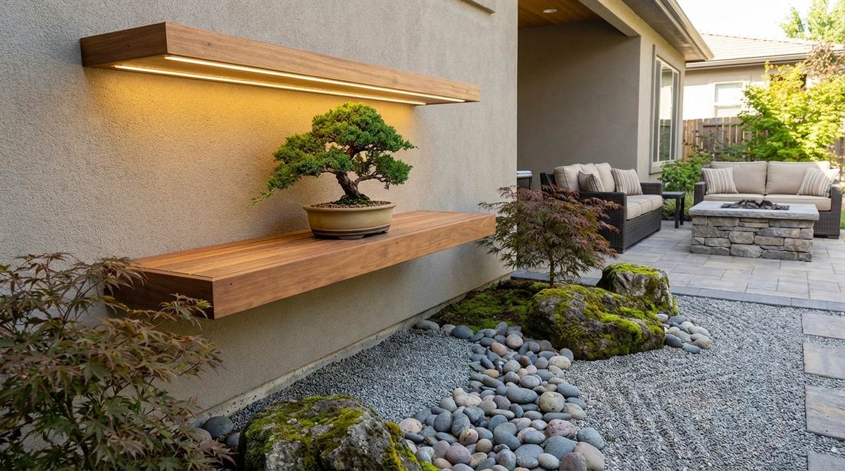 A floating shelf with integrated downward-facing grow lights supporting a healthy bonsai tree in a zen garden setting. The built-in lighting provides consistent illumination for indoor bonsai care, eliminating the need for clumsy clip lamps or overhead fixtures.
