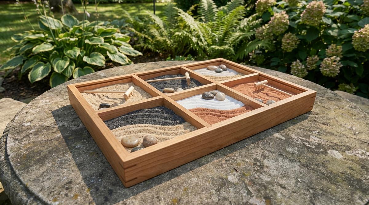 A close-up photo showing a mini zen garden tray with removable dividers creating multiple sand chambers. Each section contains sand of different colors and textures, demonstrating how the layered substrate system allows for customizable arrangements and color-blocking experiments.