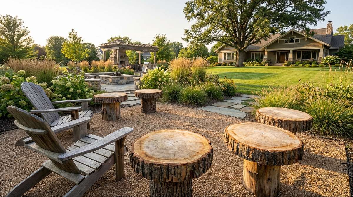 Thick cross-cut log rounds serving as rustic side tables with natural bark edges and visible growth rings, positioned beside garden seating areas with gravel bases or short log pedestals for stability.