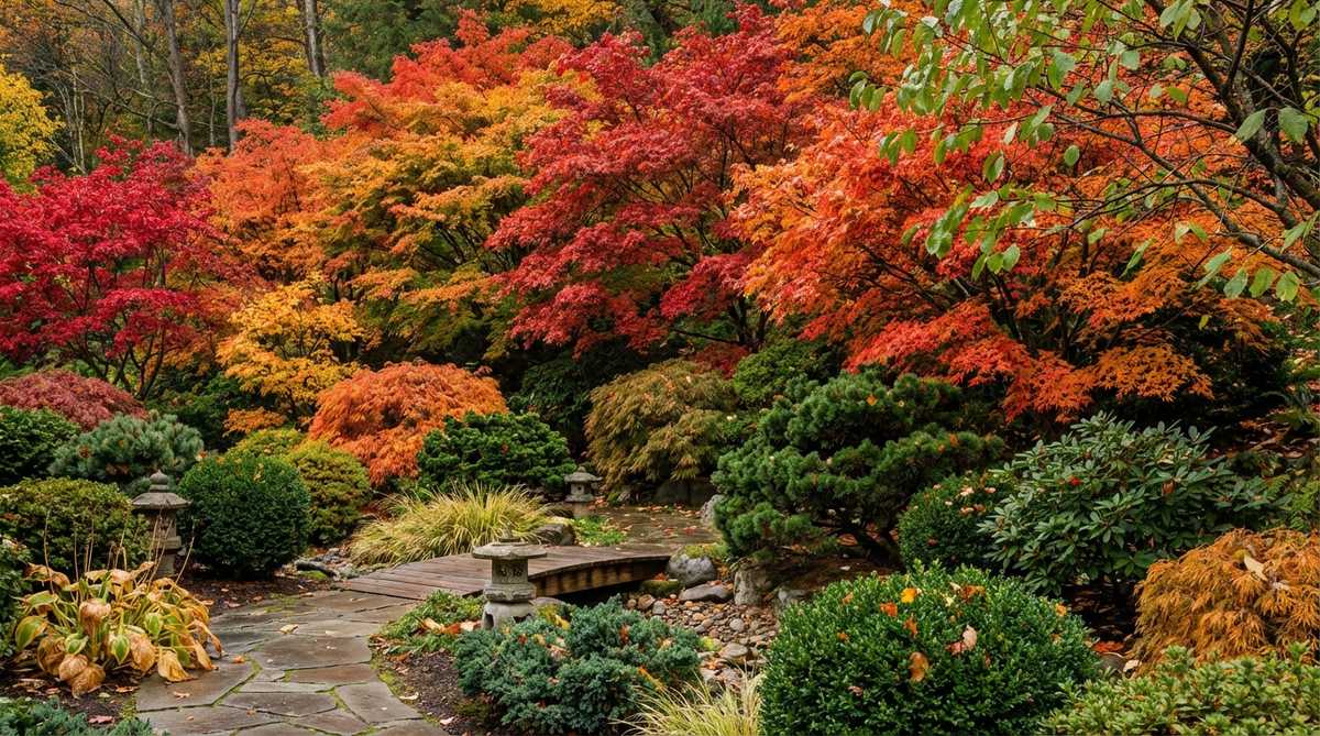 A vibrant autumn garden scene featuring Japanese maples with fiery red, orange, and gold foliage creating a dramatic fall color backdrop. The layered planting shows maples of different varieties with overlapping colors, underplanted with evergreen shrubs that enhance the seasonal contrast. This image captures the essence of momijigari (autumn leaf viewing) in Japanese garden design, highlighting the transition from summer greens to intense fall colors before winter reveals the trees' structural branches.
