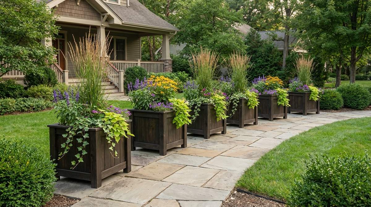 A set of mid-height standard planters, ranging from 20 to 28 inches, ideal for versatile outdoor decor. These planters are perfect for accommodating perennials, shrubs, and seasonal color in landscape applications. Arranged in odd numbers or lined along walkways, they enhance visual interest with thriller-filler-spiller planting combinations.