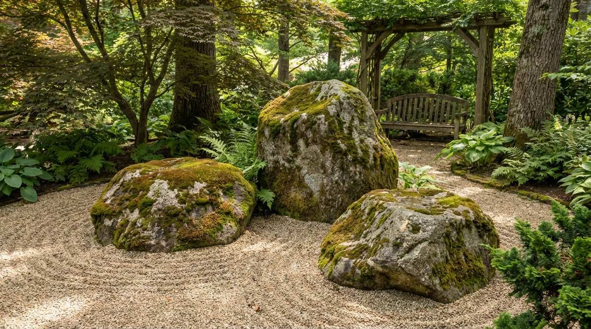 A serene arrangement of three moss-covered boulders in a zen garden, showcasing the contrast between soft green moss and hard stone textures. The stones are positioned in partial shade to support moisture retention and moss growth, symbolizing the connection between permanent stone and seasonal cycles in Japanese garden design.