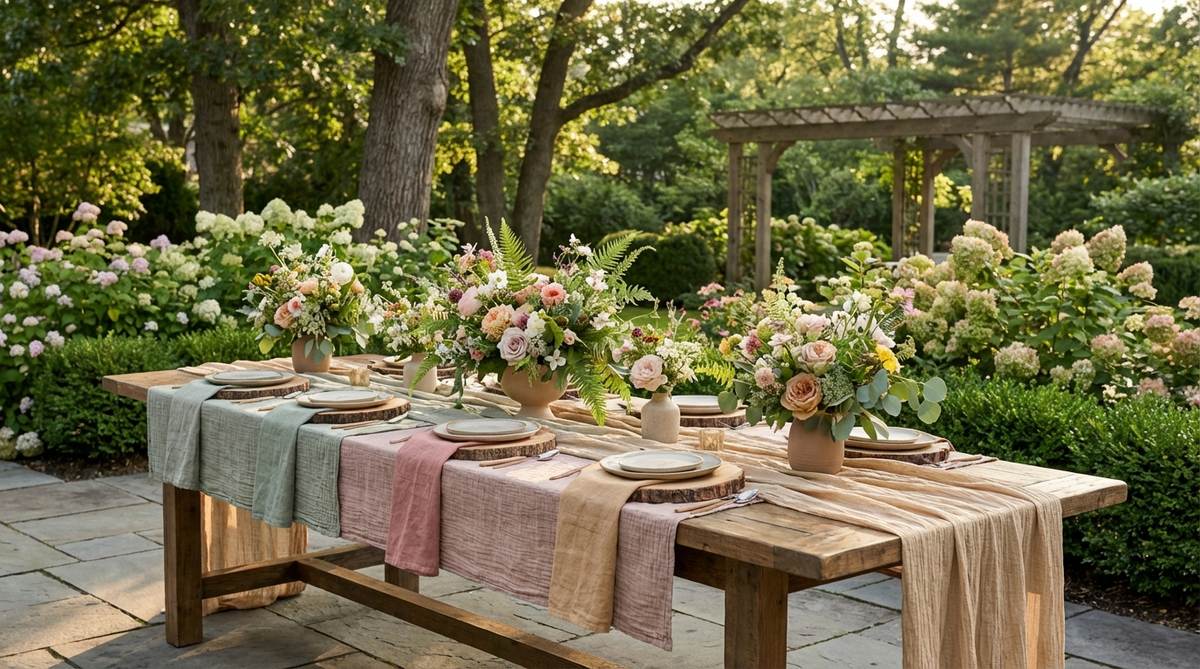 Elegant table linens in sage, dusty rose, and warm sand tones created with natural plant-based dyes, perfectly complementing floral arrangements and raw wood chargers for organic garden wedding decor.
