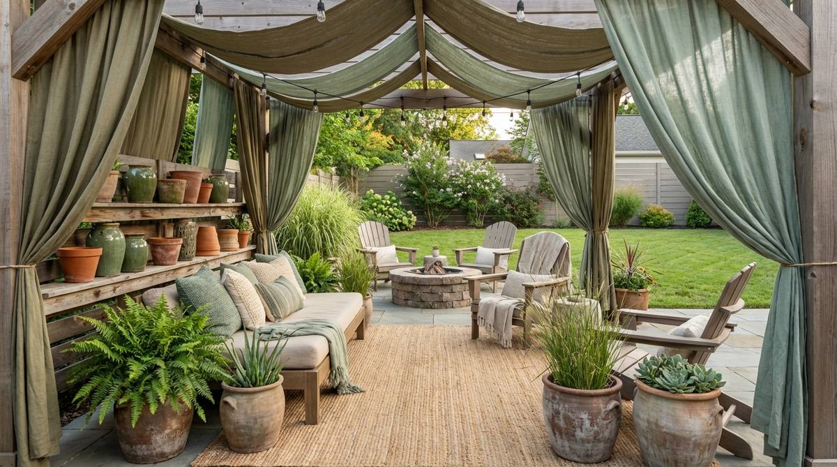 A modern boho decor scene featuring muted olive, sage, and eucalyptus green tones, with textiles, ceramics, and living plants layered to create depth and an organic color story that connects to nature.
