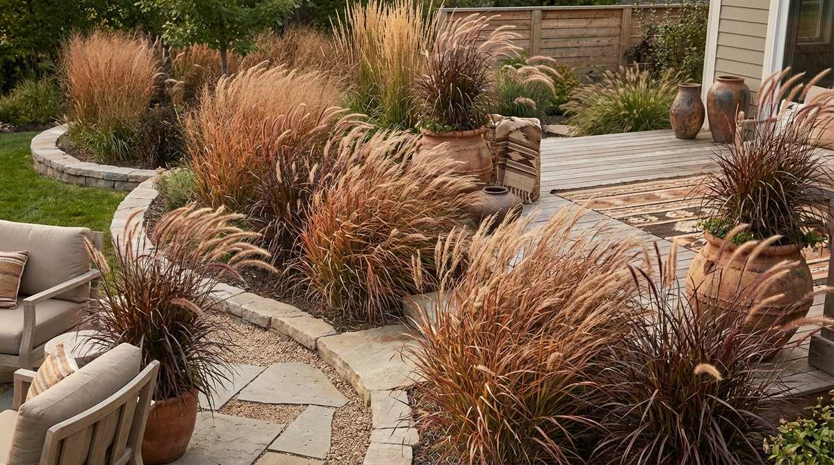 Ornamental grasses in bronze, copper, and burgundy tones swaying in the breeze, adding textural movement and vertical interest to afro boho decor. Mass planted along borders or in large terracotta containers, these warm-toned grasses create flowing texture that extends the earth palette into living plants. The wispy foliage provides dynamic life to static hardscape while reinforcing the organic quality of bohemian design philosophy.
