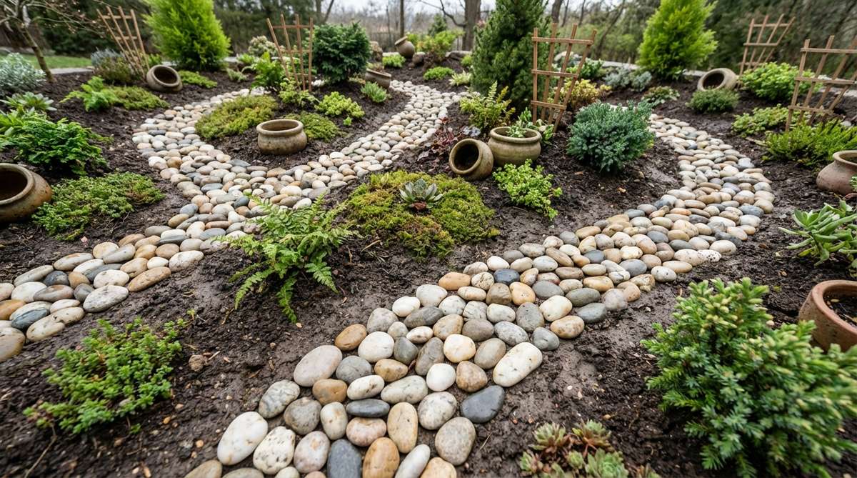 A close-up view of smooth river pebbles forming winding pathways through a miniature garden landscape. The stones display natural color variations from white to gray to brown, pressed firmly into moist soil with organic curves that guide the eye through the small space. The pathways define planting areas while helping retain soil moisture in this creative mini garden design.