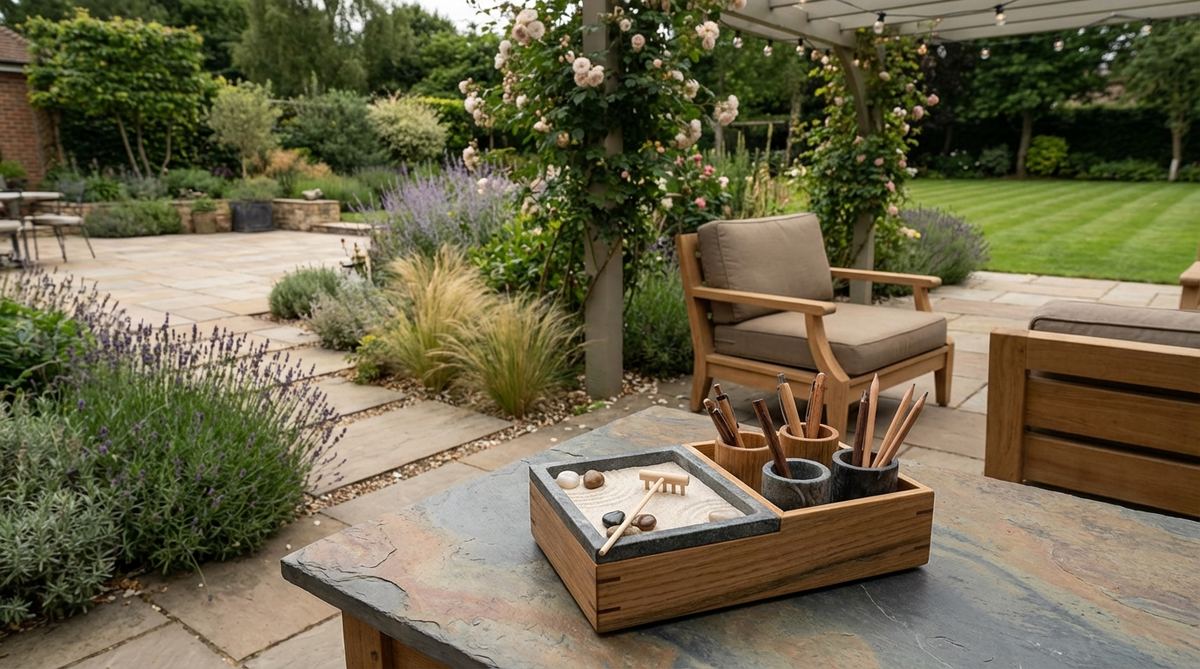 A multifunctional desk accessory featuring a divided container that combines a zen garden miniature space with cylindrical pen storage sections, designed to consolidate desk accessories and reduce clutter by organizing writing instruments alongside meditation tools.