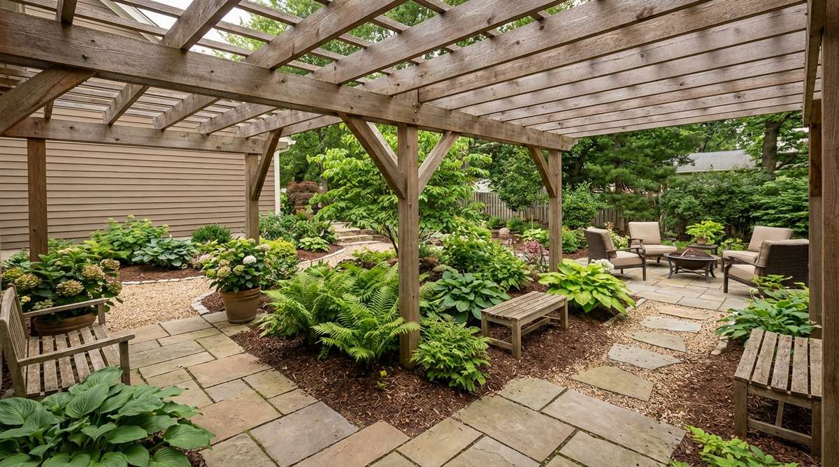 An overhead pergola structure defining zones in a small garden, creating partial shade for ferns, hostas, and shade perennials while maintaining open circulation.