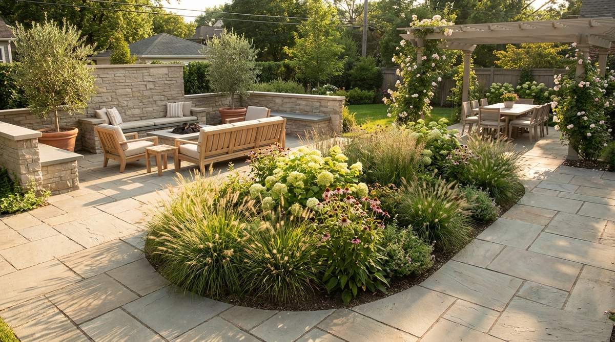 A small garden patio design featuring pavers or decking installed around the perimeter of the yard, with a central planted garden area creating a courtyard effect. The layout maximizes patio space while positioning furniture zones along the edges for privacy and multiple seating areas.