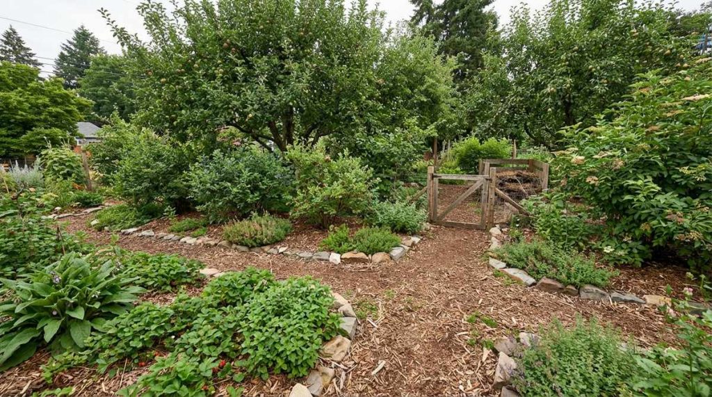 A permaculture forest garden showcasing layered edible plantings that mimic forest ecosystems, featuring fruit trees, berry shrubs, and herbaceous perennials in distinct vertical zones. This low-maintenance system promotes soil health and follows intentional ecological design with an informal aesthetic.