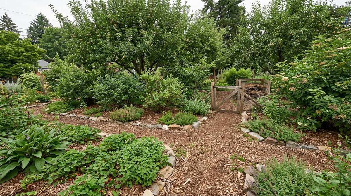 A permaculture forest garden showcasing layered edible plantings that mimic forest ecosystems, featuring fruit trees, berry shrubs, and herbaceous perennials in distinct vertical zones. This low-maintenance system promotes soil health and follows intentional ecological design with an informal aesthetic.