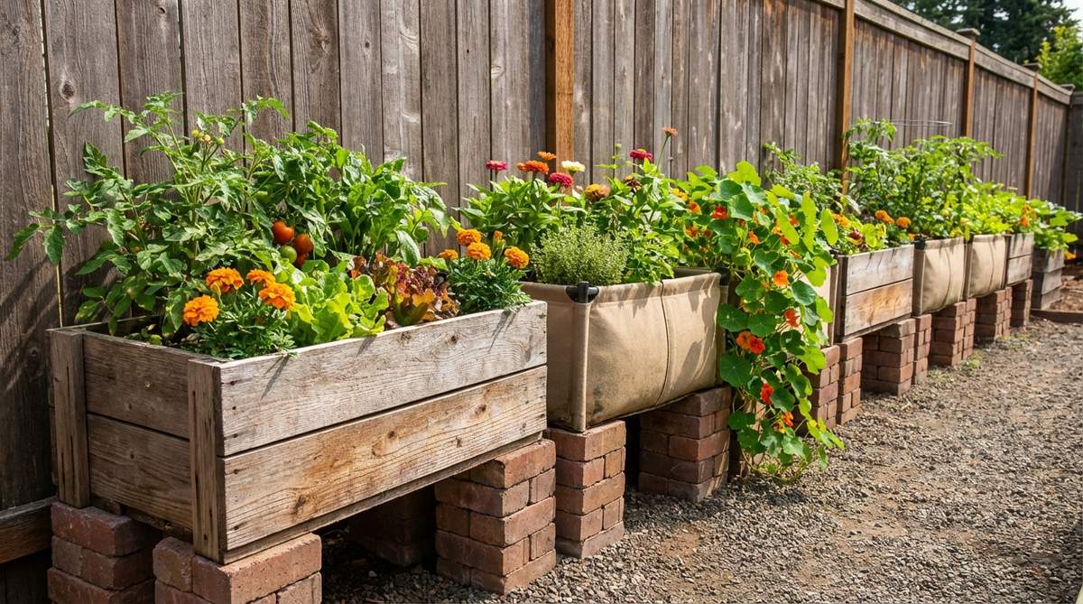 A row of wooden or fabric crates arranged along a sunny wall, each serving as a miniature raised bed filled with vegetables and flowers, elevated on bricks for drainage, showcasing a modular and adaptable gardening solution for small spaces.
