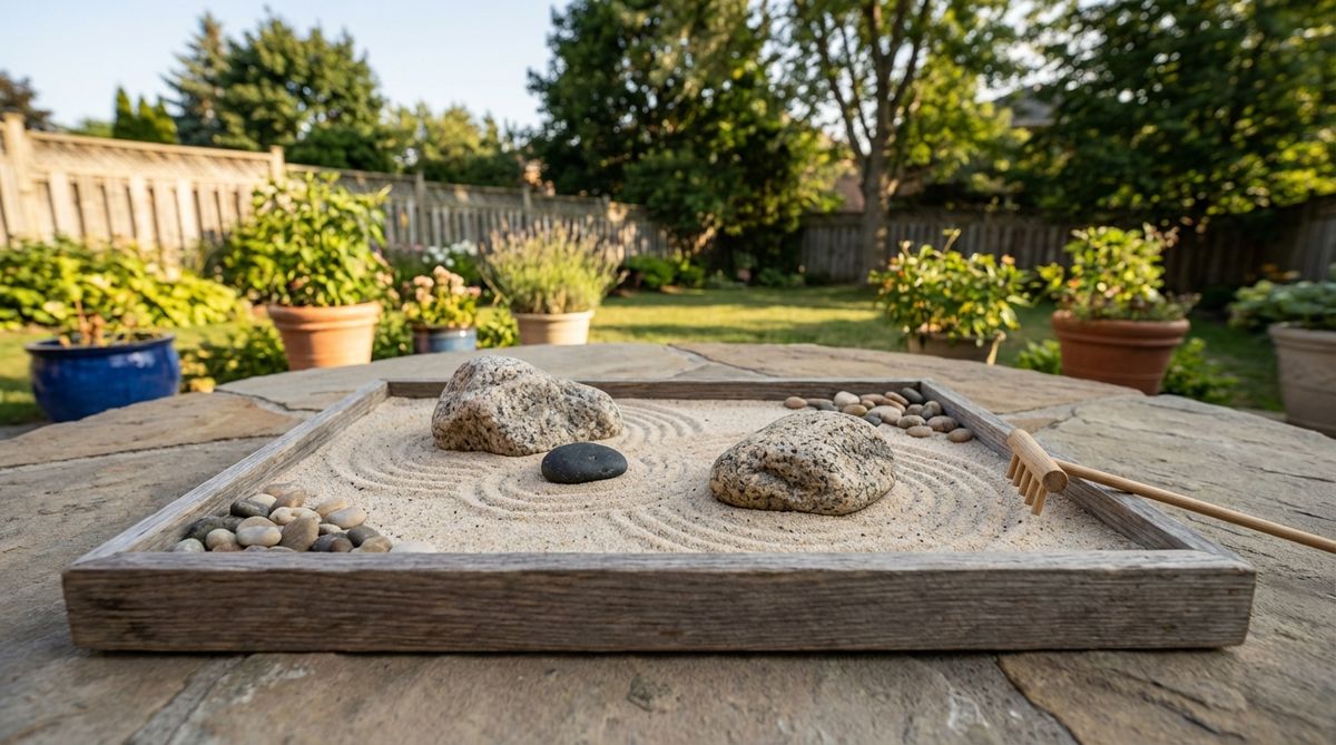 A shallow tray filled with fine sand or light-colored gravel, featuring two or three visually distinct stones arranged thoughtfully. A small rake rests nearby, ready for creating mindful patterns in the surface. This portable Zen garden brings calm to any table, indoors or outdoors, perfect for apartments, offices, and homes where permanent landscape changes aren't possible.