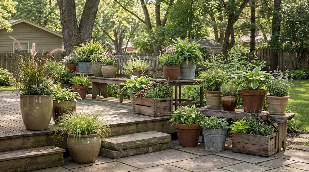 A collection of mixed container materials including ceramic, terracotta, metal, and wood pots arranged in odd-numbered clusters at varying heights, showcasing textural diversity with smooth glazed finishes contrasted against rough surfaces in a cozy garden setting.