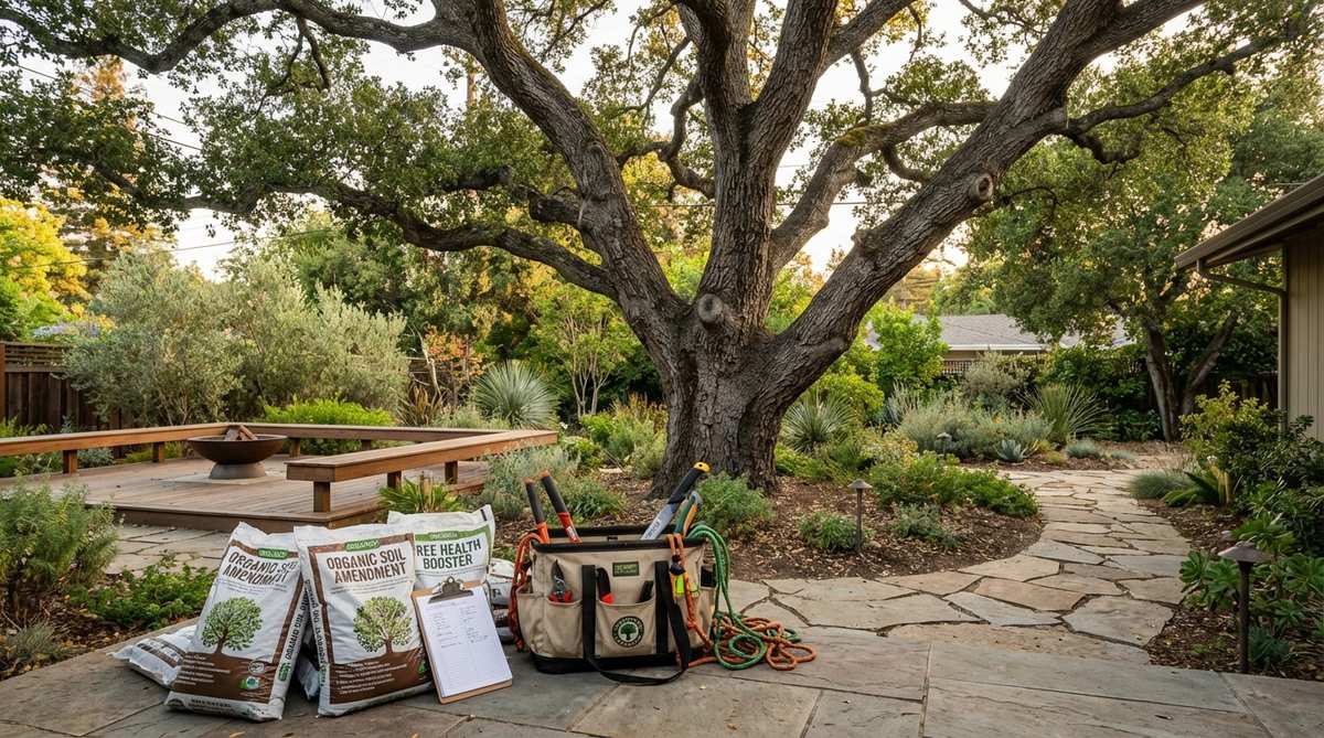 A certified arborist carefully assessing the health of a mature tree in a mid-century modern garden, with selective pruning tools and soil improvement materials visible nearby.