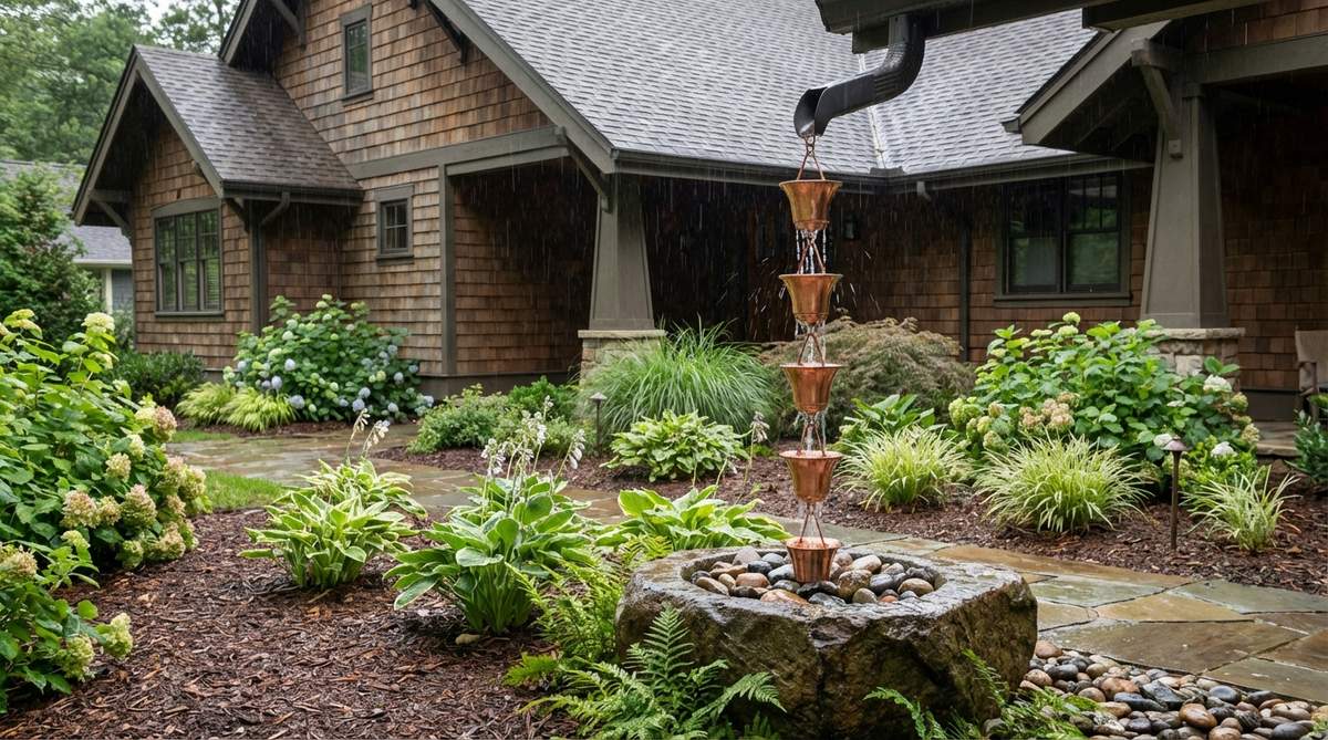 A decorative rain chain replacing a traditional downspout, with water flowing along cups or links during rainfall. Made from copper or powder-coated metals, it directs water from gutter outlets to splash basins while creating visual interest and pleasant tinkling sounds during storms.