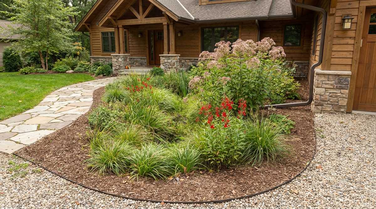 A shallow depression planted with moisture-tolerant native plants like sedges, cardinal flower, and Joe Pye weed, capturing and filtering stormwater runoff from roofs and driveways in a front yard garden design.