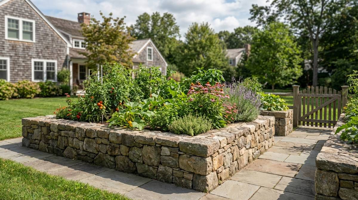 A stone wall surrounding a raised garden bed, showing how to frame vegetable or perennial beds with 12-24 inch stone walls for stability and thermal mass benefits.