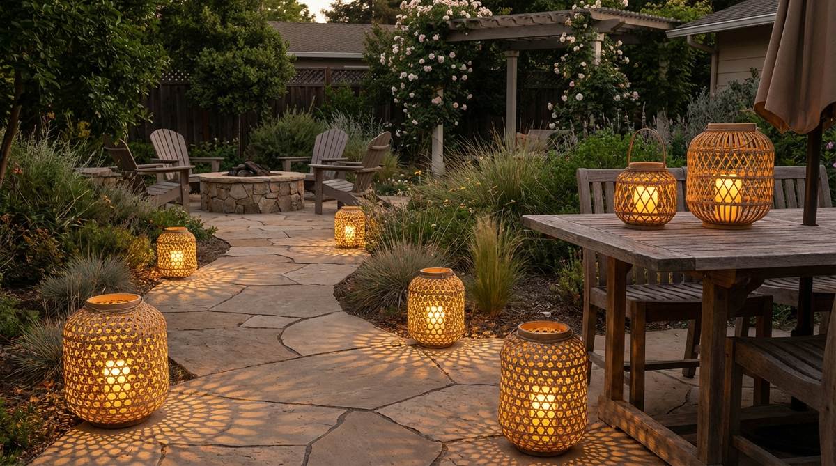 Woven rattan lantern holders with open weave patterns, designed to hold candles or LED lights for ambient evening illumination in boho garden settings. Perfect for creating layered lighting effects and casting intricate shadows while protecting flames from breezes.