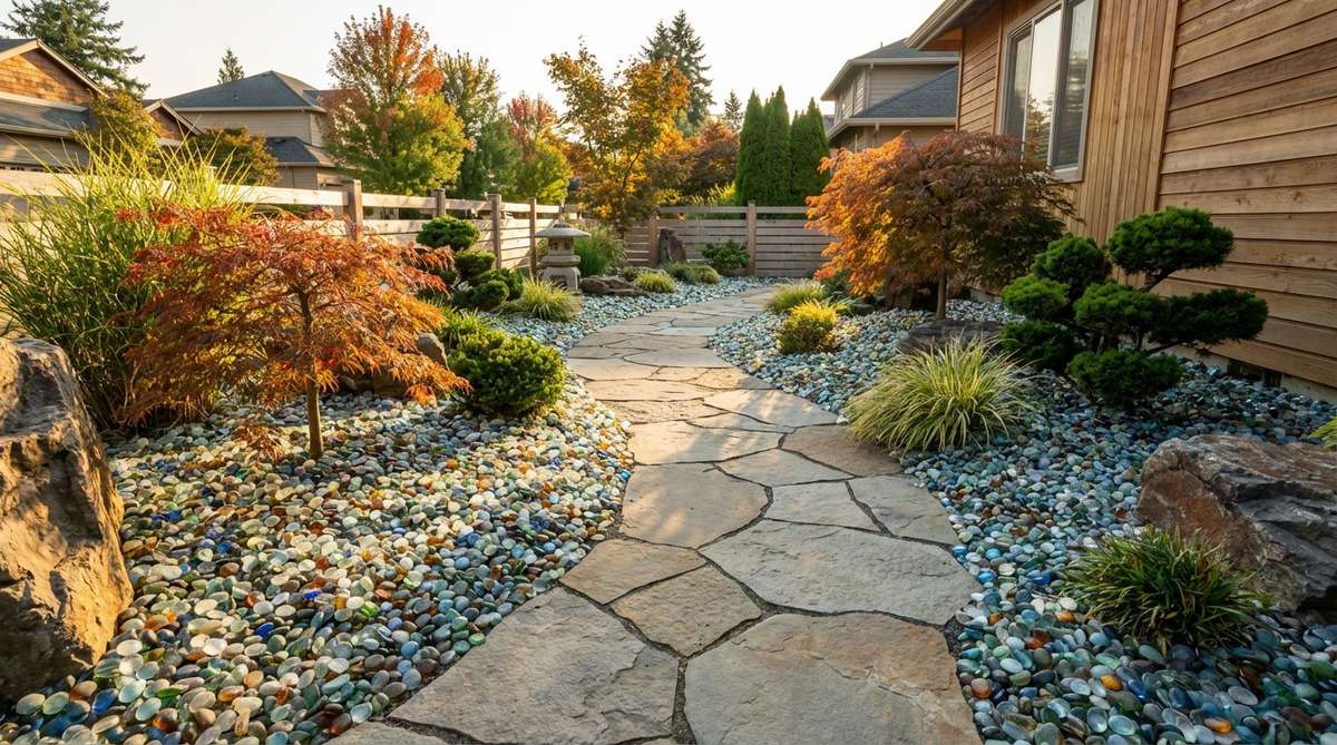 Tumbled glass pebbles in neutral tones used as mulch, creating a glowing ground cover that reflects light beautifully in a modern Japanese garden setting, offering an eco-conscious alternative to mined stone.