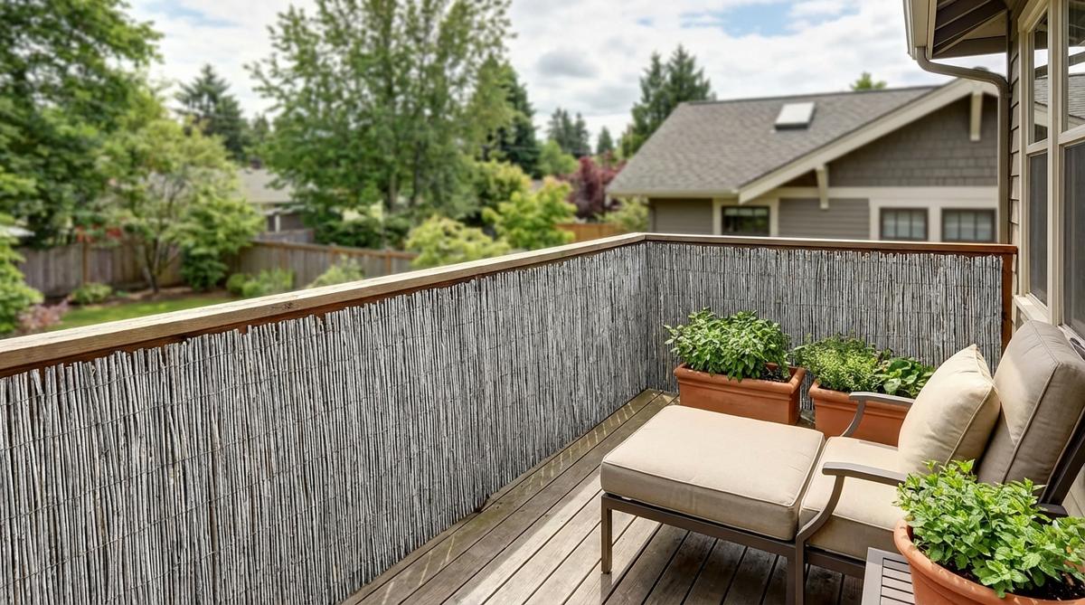 Natural reed fencing panels installed on a balcony railing, showing the organic texture and complete opacity they provide. The image demonstrates how the bundled reeds create visual interest and weather to silver-gray tones that complement neutral decor.