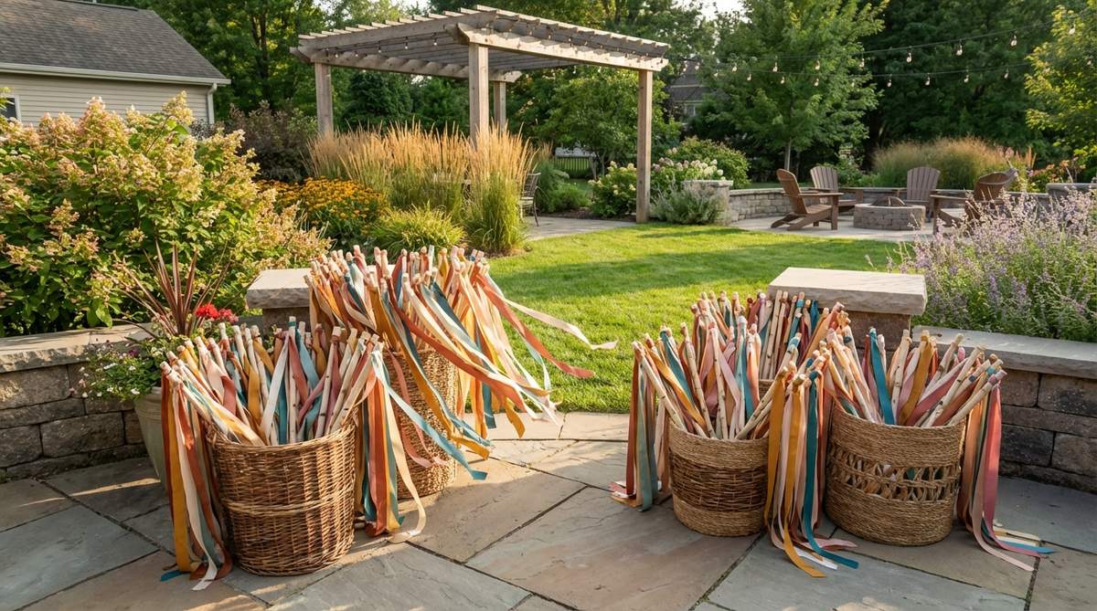 Colorful ribbon wands with wooden dowels displayed in decorative baskets, featuring varied ribbon lengths for dynamic movement at boho-themed parties.