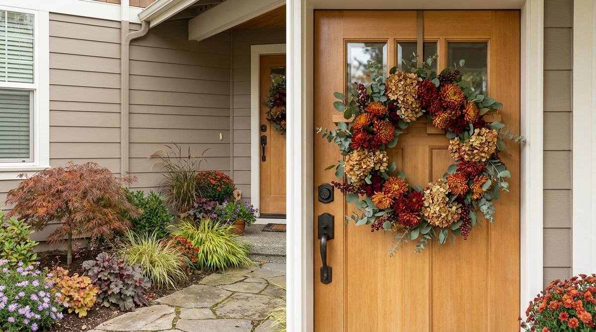A decorative door wreath with seasonal flowers and foliage that coordinates with the surrounding garden plant palette, creating a unified color story and enhancing curb appeal for small front gardens.