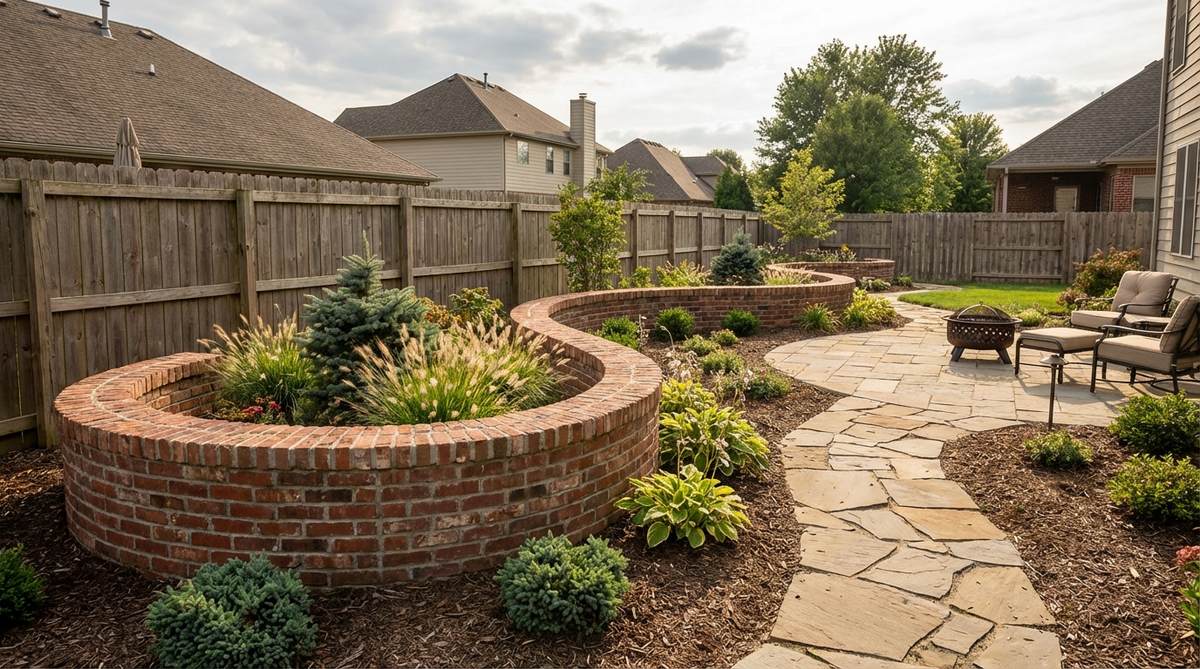 A serpentine curved brick wall in a small garden, featuring gentle undulating curves along a boundary line. The design enhances visual interest and structural stability with single-wythe brick construction, creating planting pockets for specimen plants and adding dynamic movement to compact garden spaces.