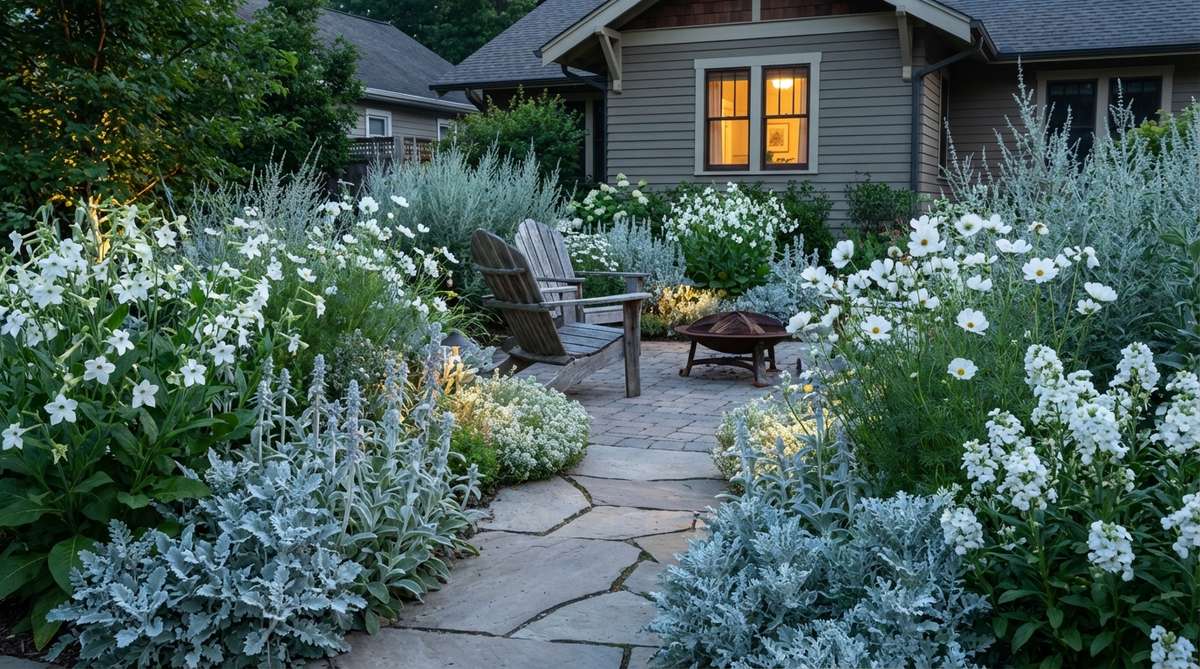 A luminous moonlight garden featuring silver foliage plants like Artemisia, lamb's ear, and dusty miller combined with white flowers such as nicotiana, cosmos, and stock. This sophisticated cottage garden design glows beautifully in evening light and is ideal for nighttime enjoyment and photography.