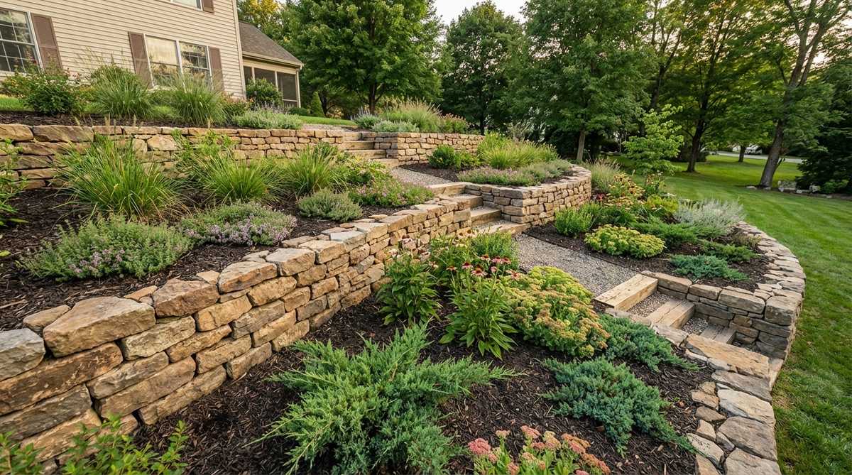 A terraced garden slope featuring multiple low stone walls (8-12 inches high) constructed on contour lines using dry-stack or mortared methods. The stone walls create planting pockets filled with amended soil, supporting plants that help anchor the slope and slow water movement. This technique stabilizes steep grades where conventional edging is insufficient, demonstrating effective slope stabilization through stone terracing in garden landscaping.