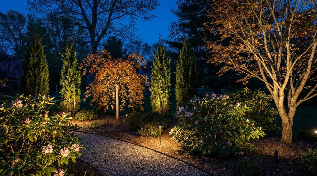 A gallery-style nighttime display with individual accent lights highlighting prized specimen plants, using spot beams for columnar plants and floods for spreading shrubs to showcase seasonal features like spring flowers, autumn foliage, and winter bark.