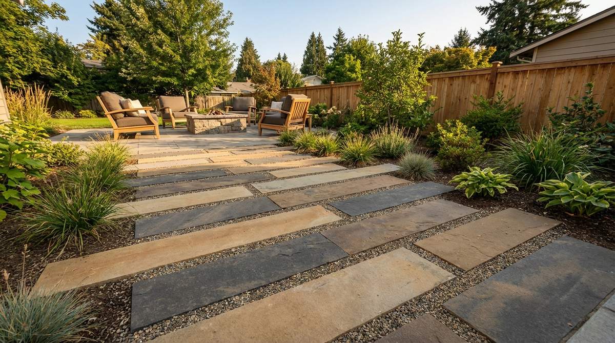 A modern garden pathway featuring rectangular stones arranged in a staggered offset pattern, creating dynamic horizontal lines and contemporary visual interest. This design uses consistent stone dimensions with varying offset distances to establish rhythm, highlighting natural color variations in the materials. Perfect for transitional garden styles that blend traditional and contemporary aesthetics.